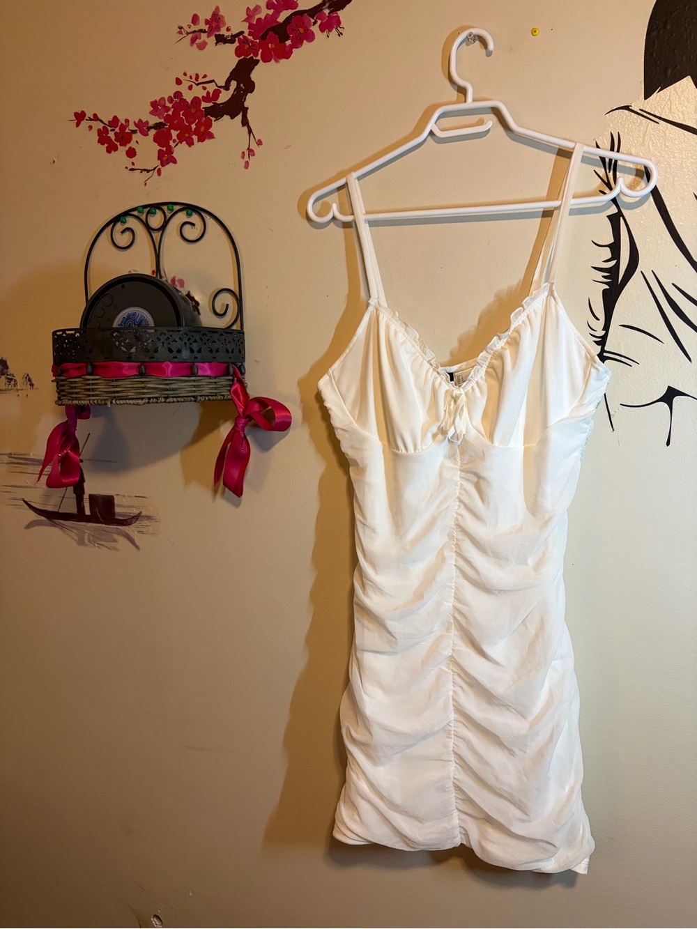 White Ruched Spaghetti-Strap Mini Dress - Picture 3 of 8
